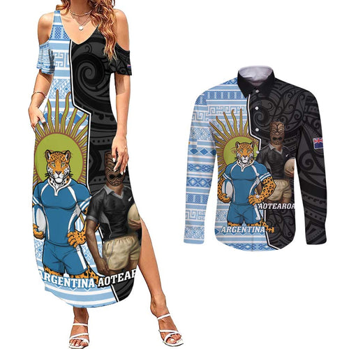 New Zealand Argentina Rugby Custom Couples Matching Summer Maxi Dress and Long Sleeve Button Shirt 2025 Los Pumas All Black Together - Aussie Hoodie