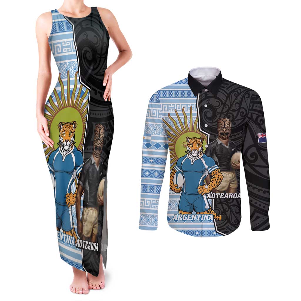 New Zealand Argentina Rugby Custom Couples Matching Tank Maxi Dress and Long Sleeve Button Shirt 2025 Los Pumas All Black Together - Aussie Hoodie