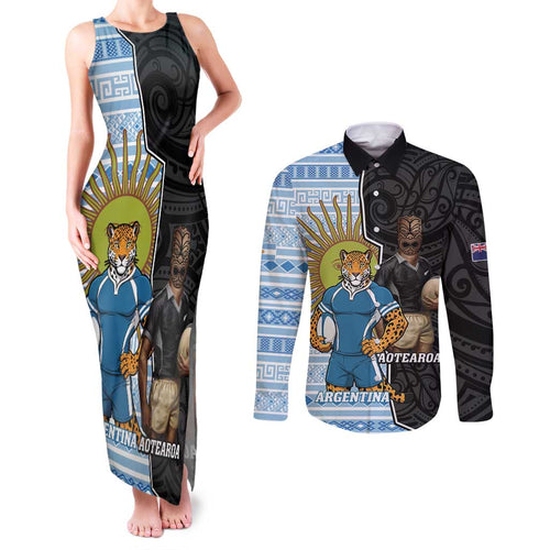 New Zealand Argentina Rugby Custom Couples Matching Tank Maxi Dress and Long Sleeve Button Shirt 2025 Los Pumas All Black Together - Aussie Hoodie