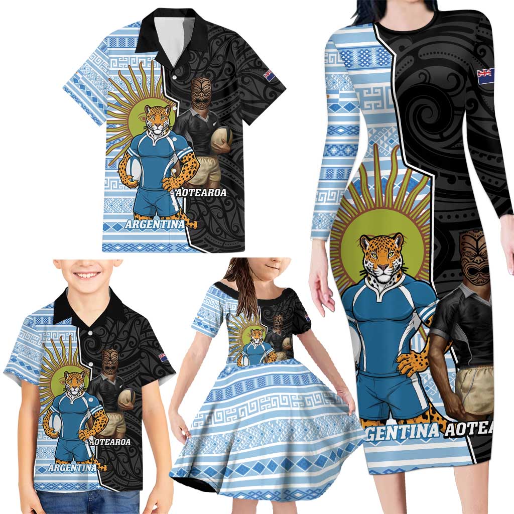 New Zealand Argentina Rugby Custom Family Matching Long Sleeve Bodycon Dress and Hawaiian Shirt 2025 Los Pumas All Black Together - Aussie Hoodie