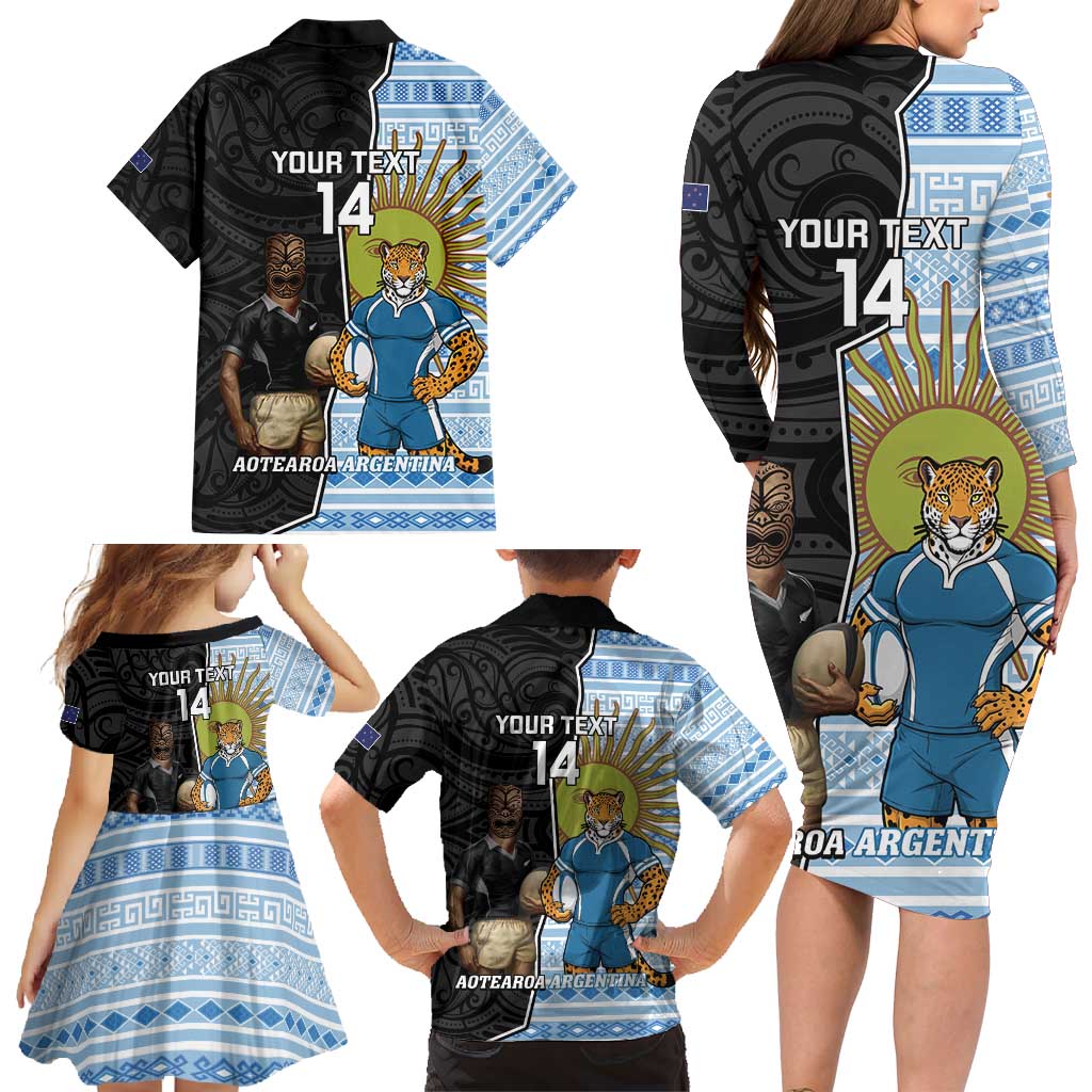New Zealand Argentina Rugby Custom Family Matching Long Sleeve Bodycon Dress and Hawaiian Shirt 2025 Los Pumas All Black Together - Aussie Hoodie