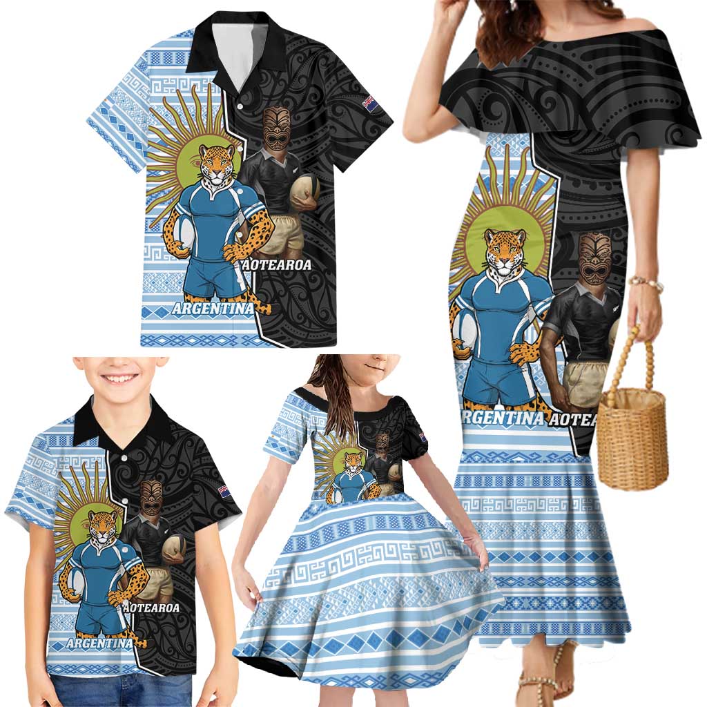 New Zealand Argentina Rugby Custom Family Matching Mermaid Dress and Hawaiian Shirt 2025 Los Pumas All Black Together - Aussie Hoodie
