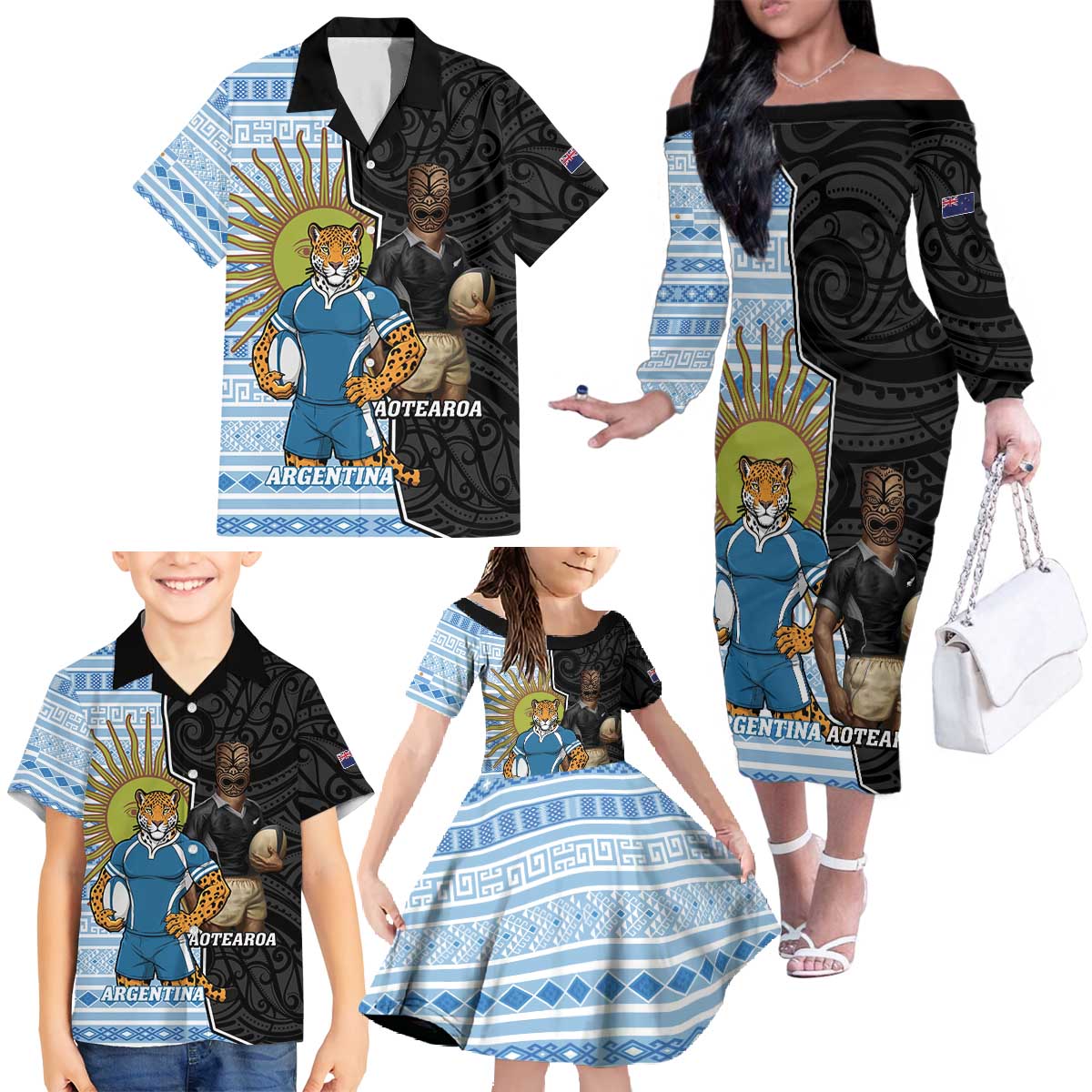 New Zealand Argentina Rugby Custom Family Matching Off The Shoulder Long Sleeve Dress and Hawaiian Shirt 2025 Los Pumas All Black Together - Aussie Hoodie