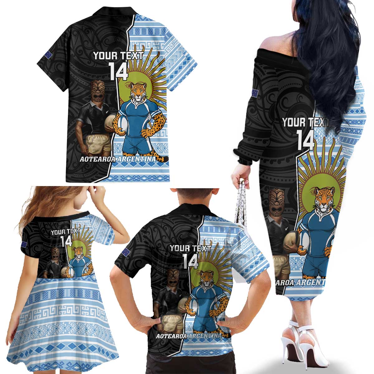 New Zealand Argentina Rugby Custom Family Matching Off The Shoulder Long Sleeve Dress and Hawaiian Shirt 2025 Los Pumas All Black Together - Aussie Hoodie