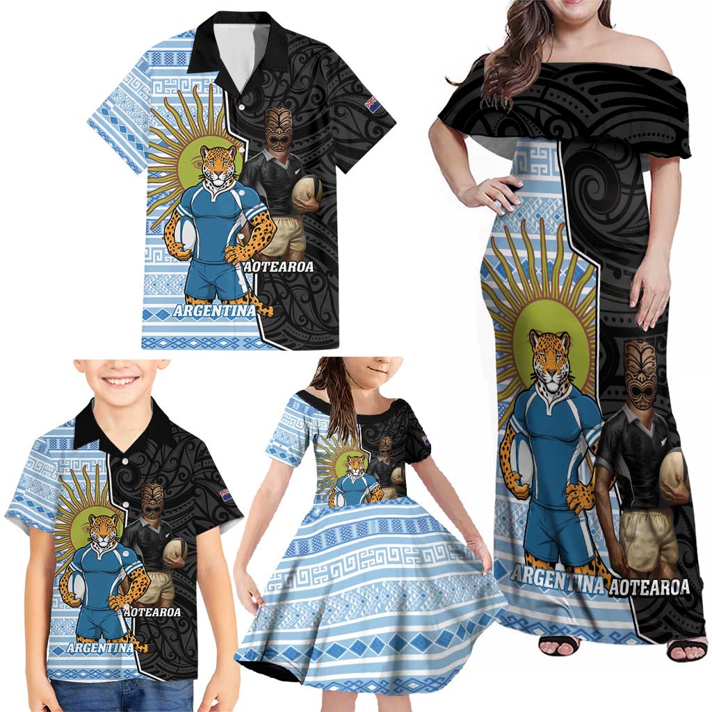 New Zealand Argentina Rugby Custom Family Matching Off Shoulder Maxi Dress and Hawaiian Shirt 2025 Los Pumas All Black Together - Aussie Hoodie