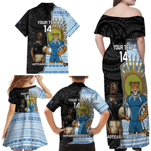 New Zealand Argentina Rugby Custom Family Matching Off Shoulder Maxi Dress and Hawaiian Shirt 2025 Los Pumas All Black Together - Aussie Hoodie