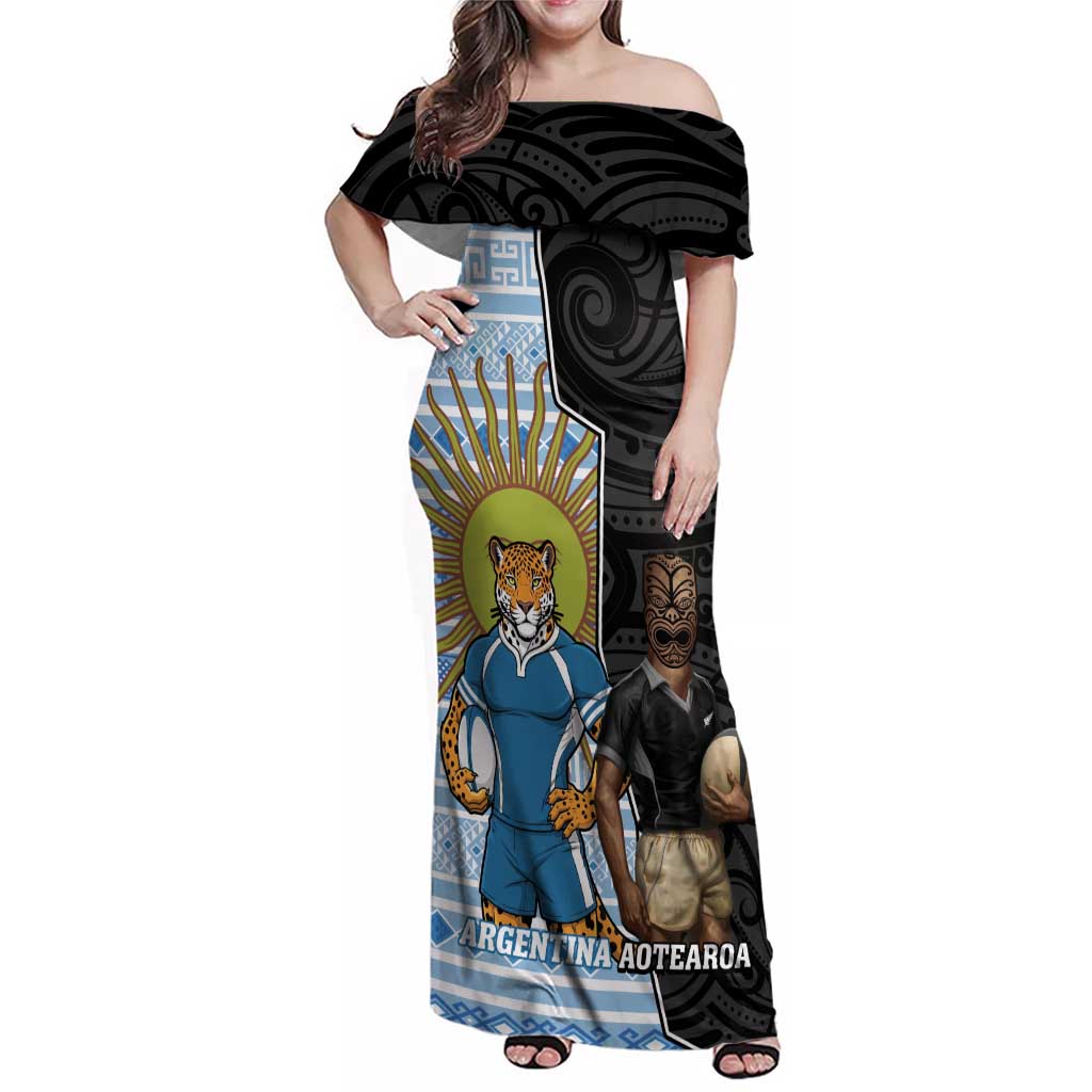New Zealand Argentina Rugby Custom Family Matching Off Shoulder Maxi Dress and Hawaiian Shirt 2025 Los Pumas All Black Together - Aussie Hoodie