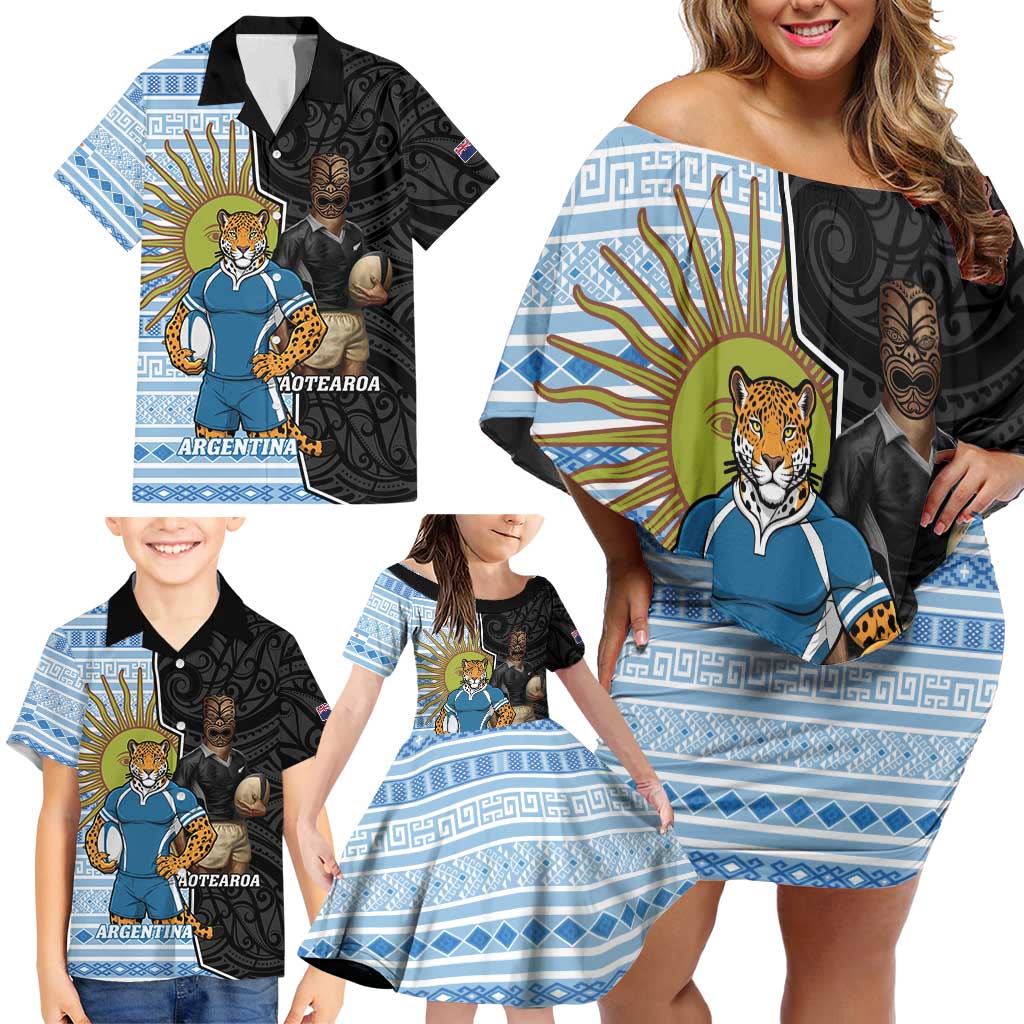 New Zealand Argentina Rugby Custom Family Matching Off Shoulder Short Dress and Hawaiian Shirt 2025 Los Pumas All Black Together - Aussie Hoodie