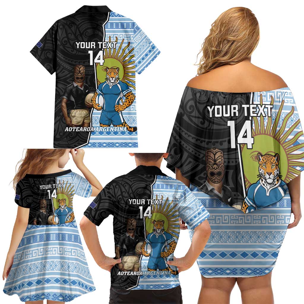 New Zealand Argentina Rugby Custom Family Matching Off Shoulder Short Dress and Hawaiian Shirt 2025 Los Pumas All Black Together - Aussie Hoodie