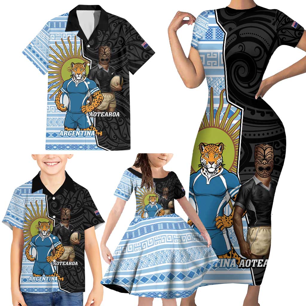 New Zealand Argentina Rugby Custom Family Matching Short Sleeve Bodycon Dress and Hawaiian Shirt 2025 Los Pumas All Black Together - Aussie Hoodie
