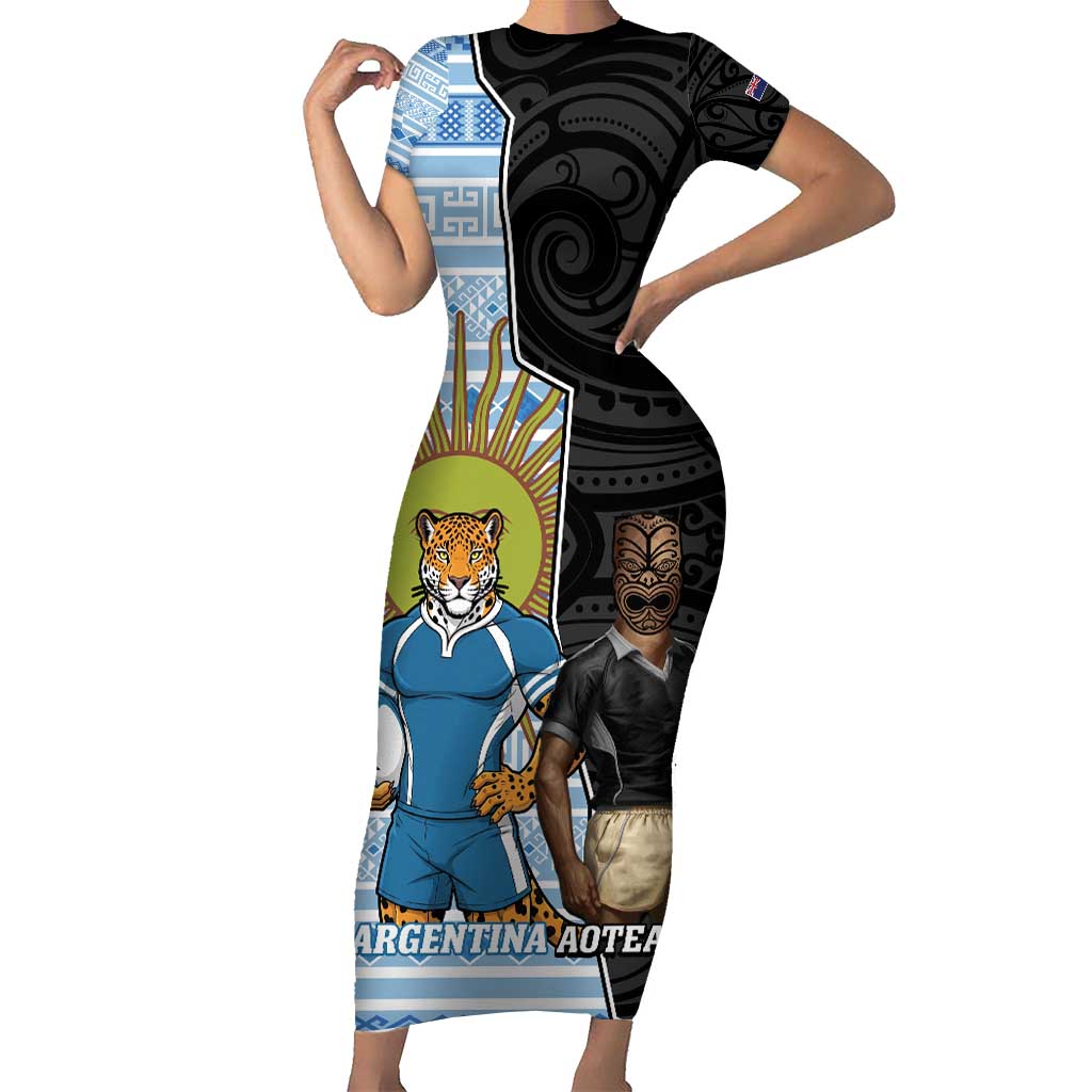 New Zealand Argentina Rugby Custom Family Matching Short Sleeve Bodycon Dress and Hawaiian Shirt 2025 Los Pumas All Black Together - Aussie Hoodie