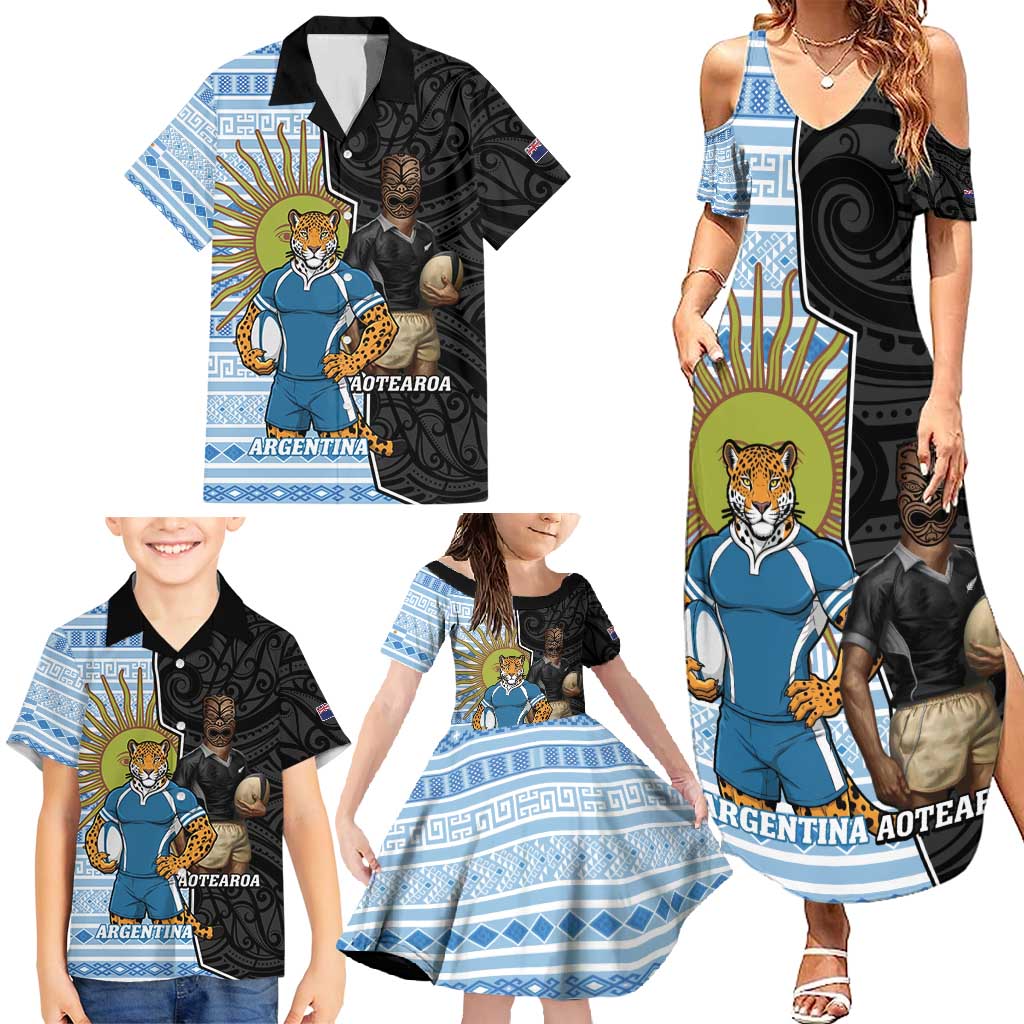 New Zealand Argentina Rugby Custom Family Matching Summer Maxi Dress and Hawaiian Shirt 2025 Los Pumas All Black Together - Aussie Hoodie