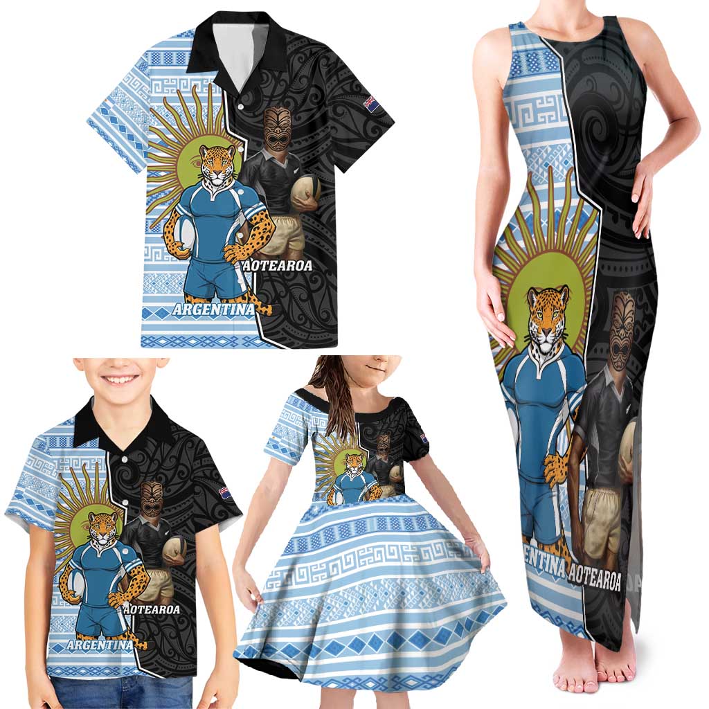 New Zealand Argentina Rugby Custom Family Matching Tank Maxi Dress and Hawaiian Shirt 2025 Los Pumas All Black Together - Aussie Hoodie