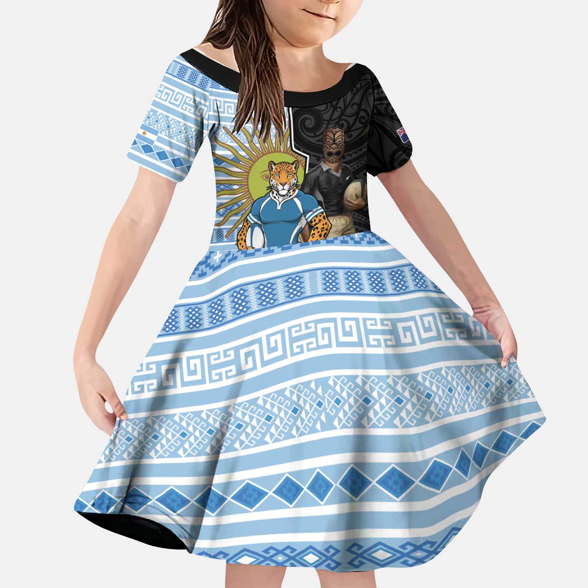 New Zealand Argentina Rugby Custom Kid Short Sleeve Dress 2025 Los Pumas All Black Together - Aussie Hoodie