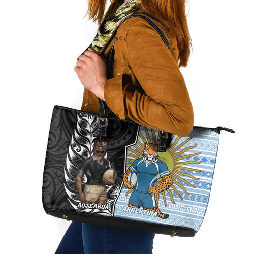 New Zealand Argentina Rugby Leather Tote Bag 2025 Los Pumas All Black Together - Aussie Hoodie