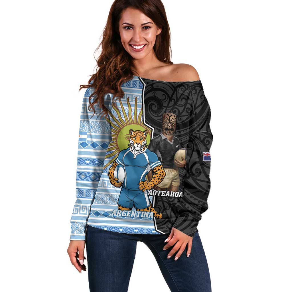 New Zealand Argentina Rugby Custom Off Shoulder Sweater 2025 Los Pumas All Black Together - Aussie Hoodie
