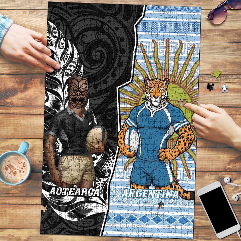 New Zealand Argentina Rugby Puzzle 2025 Los Pumas All Black Together - Aussie Hoodie