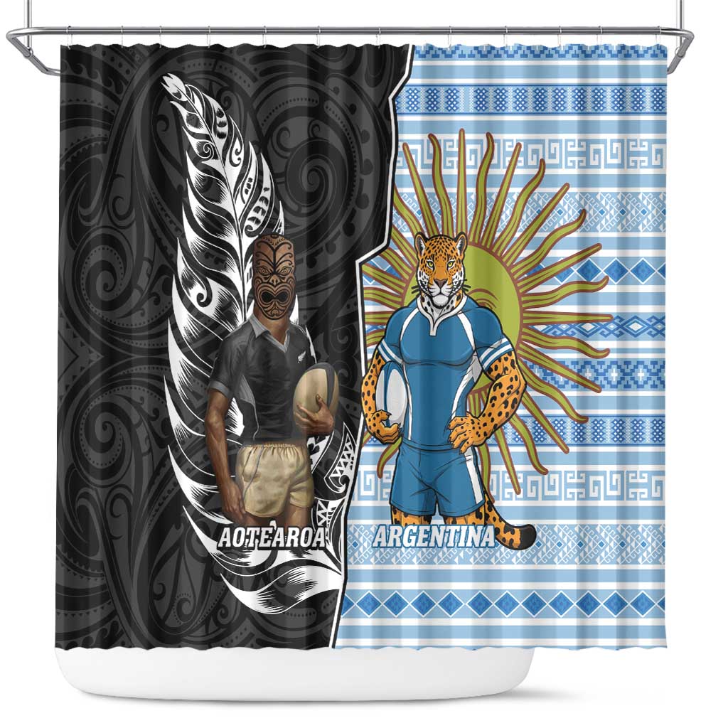 New Zealand Argentina Rugby Shower Curtain 2025 Los Pumas All Black Together - Aussie Hoodie