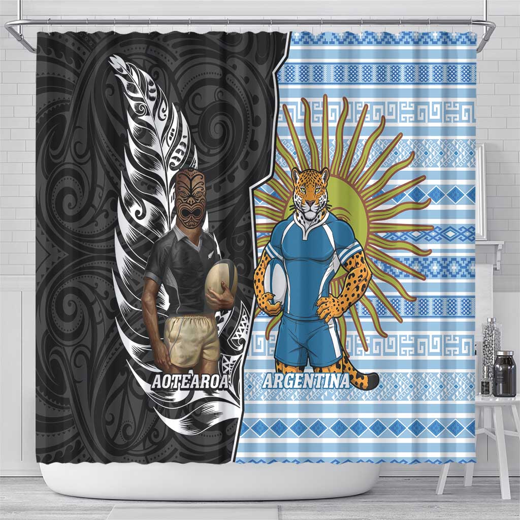 New Zealand Argentina Rugby Shower Curtain 2025 Los Pumas All Black Together - Aussie Hoodie