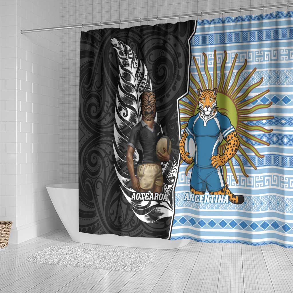 New Zealand Argentina Rugby Shower Curtain 2025 Los Pumas All Black Together - Aussie Hoodie