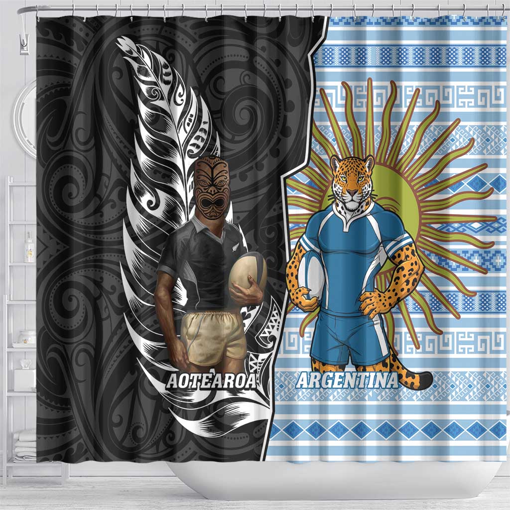 New Zealand Argentina Rugby Shower Curtain 2025 Los Pumas All Black Together - Aussie Hoodie