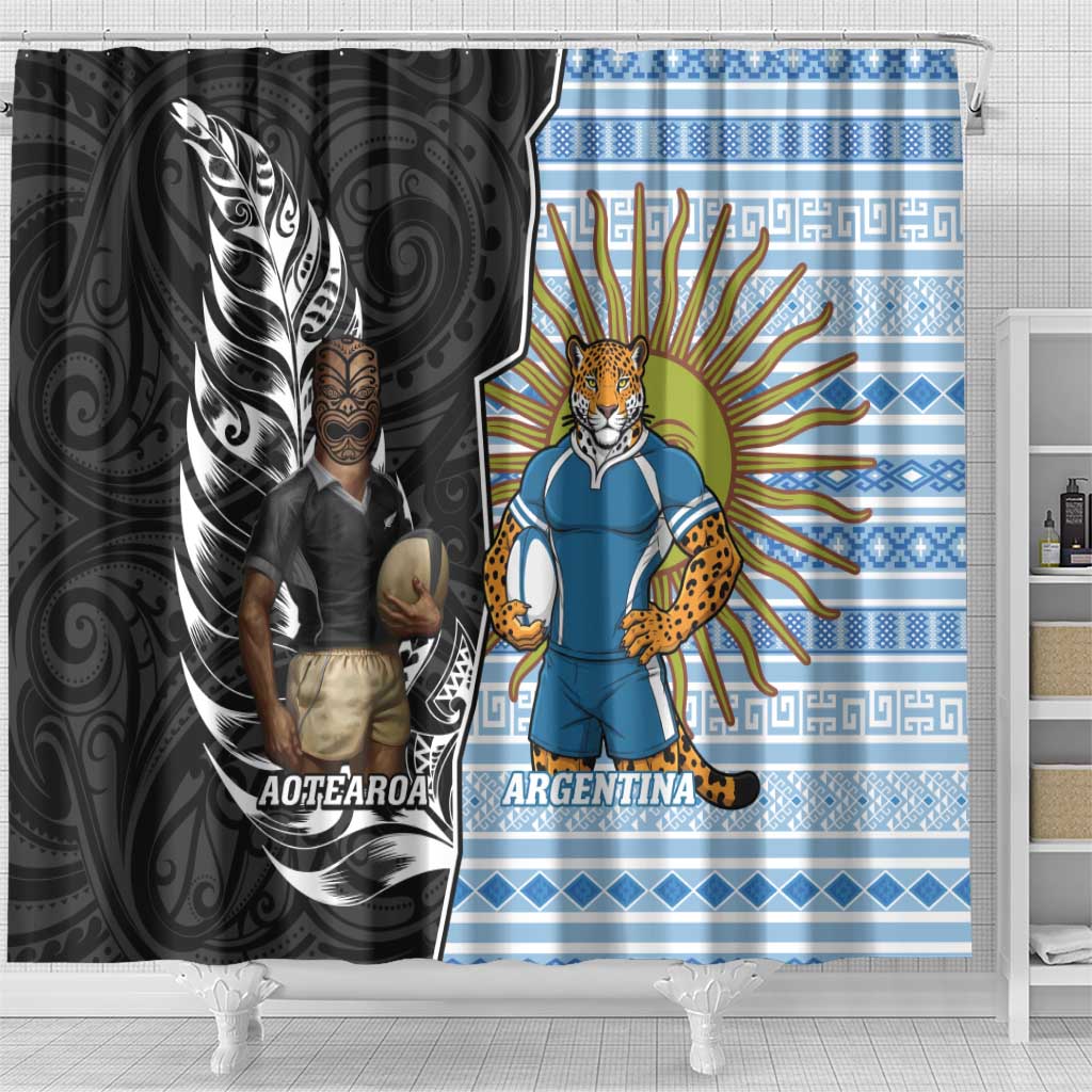 New Zealand Argentina Rugby Shower Curtain 2025 Los Pumas All Black Together - Aussie Hoodie