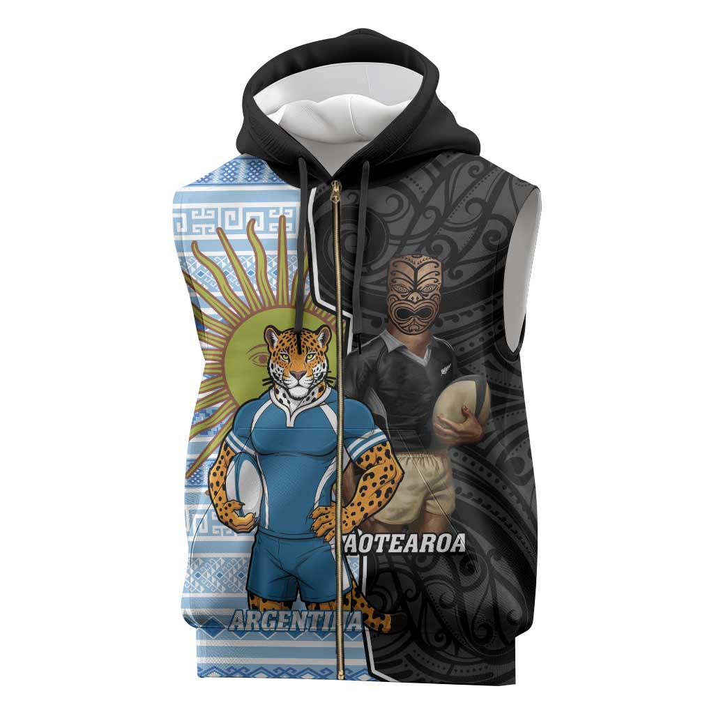 New Zealand Argentina Rugby Custom Sleeveless Zip Hoodie 2025 Los Pumas All Black Together - Aussie Hoodie