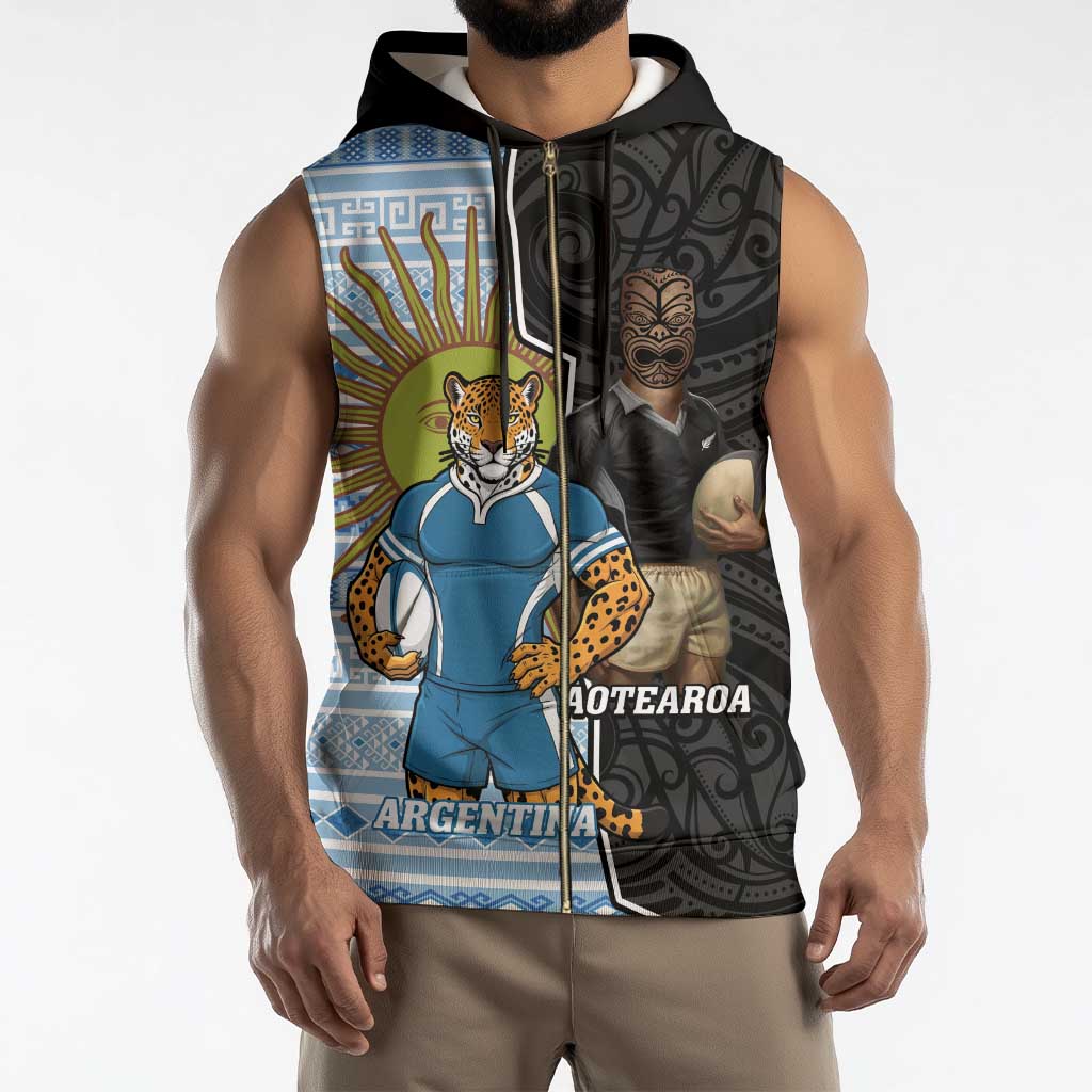 New Zealand Argentina Rugby Custom Sleeveless Zip Hoodie 2025 Los Pumas All Black Together - Aussie Hoodie