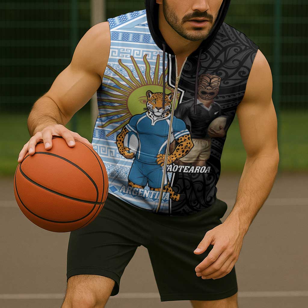 New Zealand Argentina Rugby Custom Sleeveless Zip Hoodie 2025 Los Pumas All Black Together - Aussie Hoodie