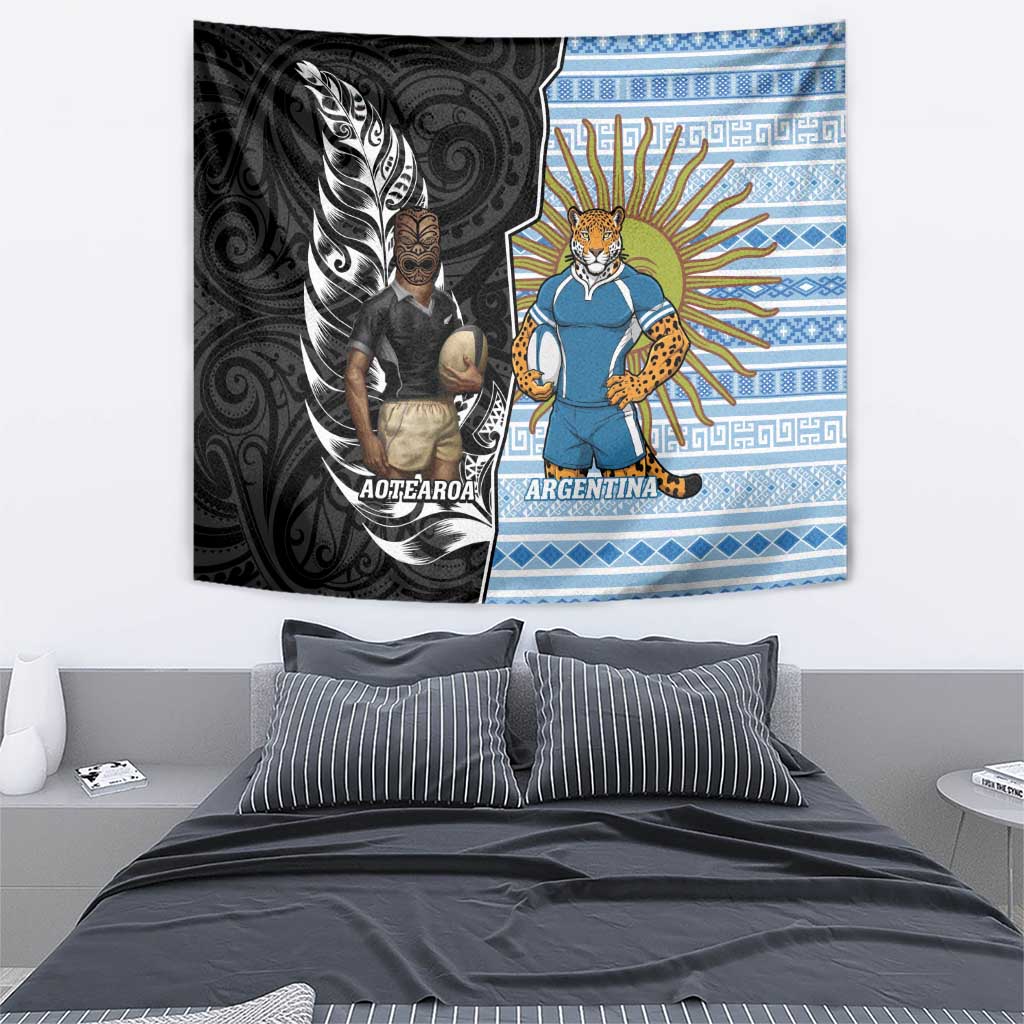 New Zealand Argentina Rugby Tapestry 2025 Los Pumas All Black Together - Aussie Hoodie