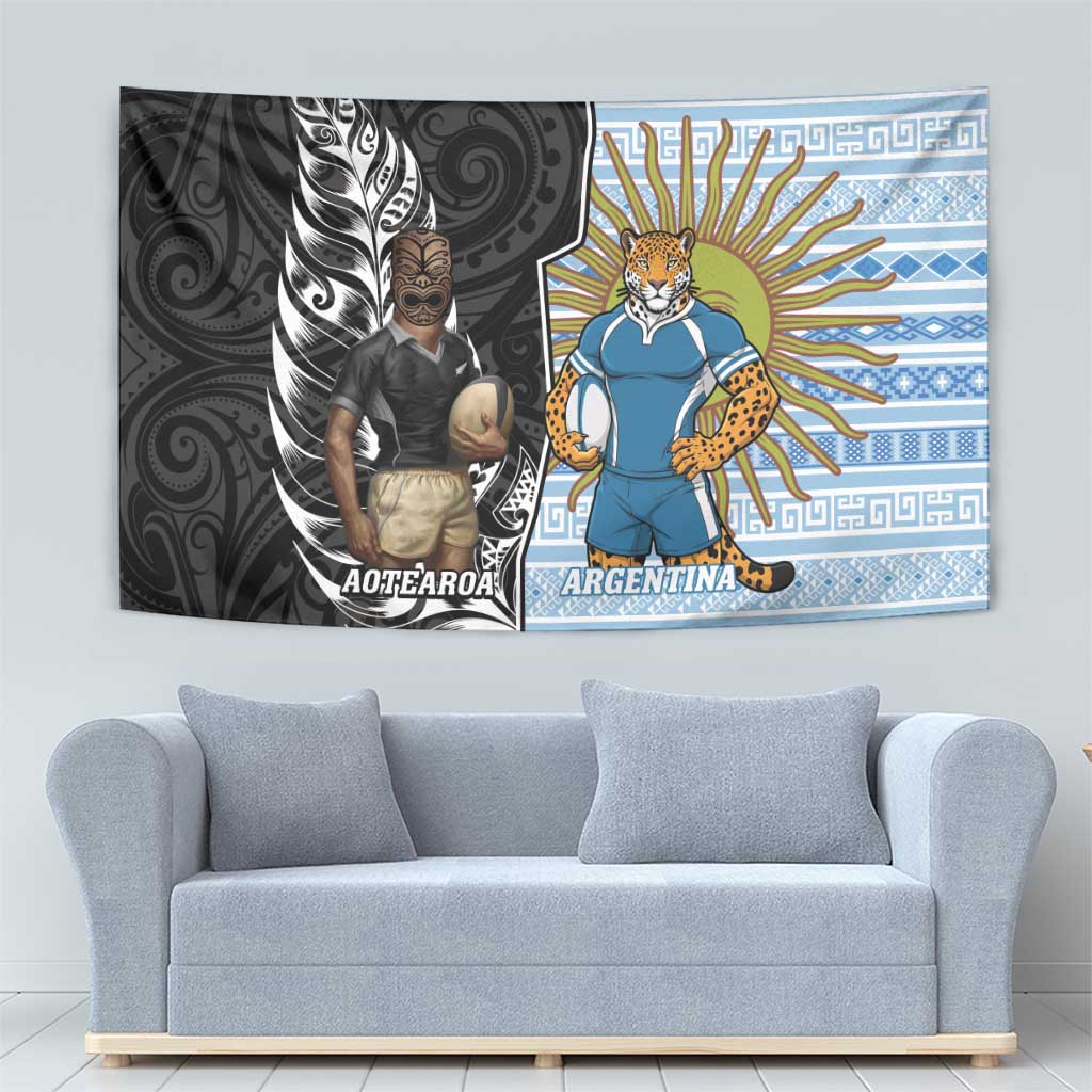 New Zealand Argentina Rugby Tapestry 2025 Los Pumas All Black Together - Aussie Hoodie