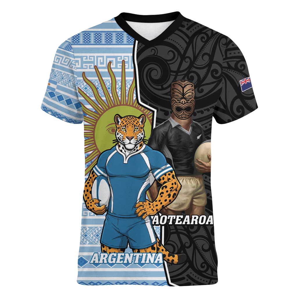 New Zealand Argentina Rugby Custom Women V-Neck T-Shirt 2025 Los Pumas All Black Together - Aussie Hoodie