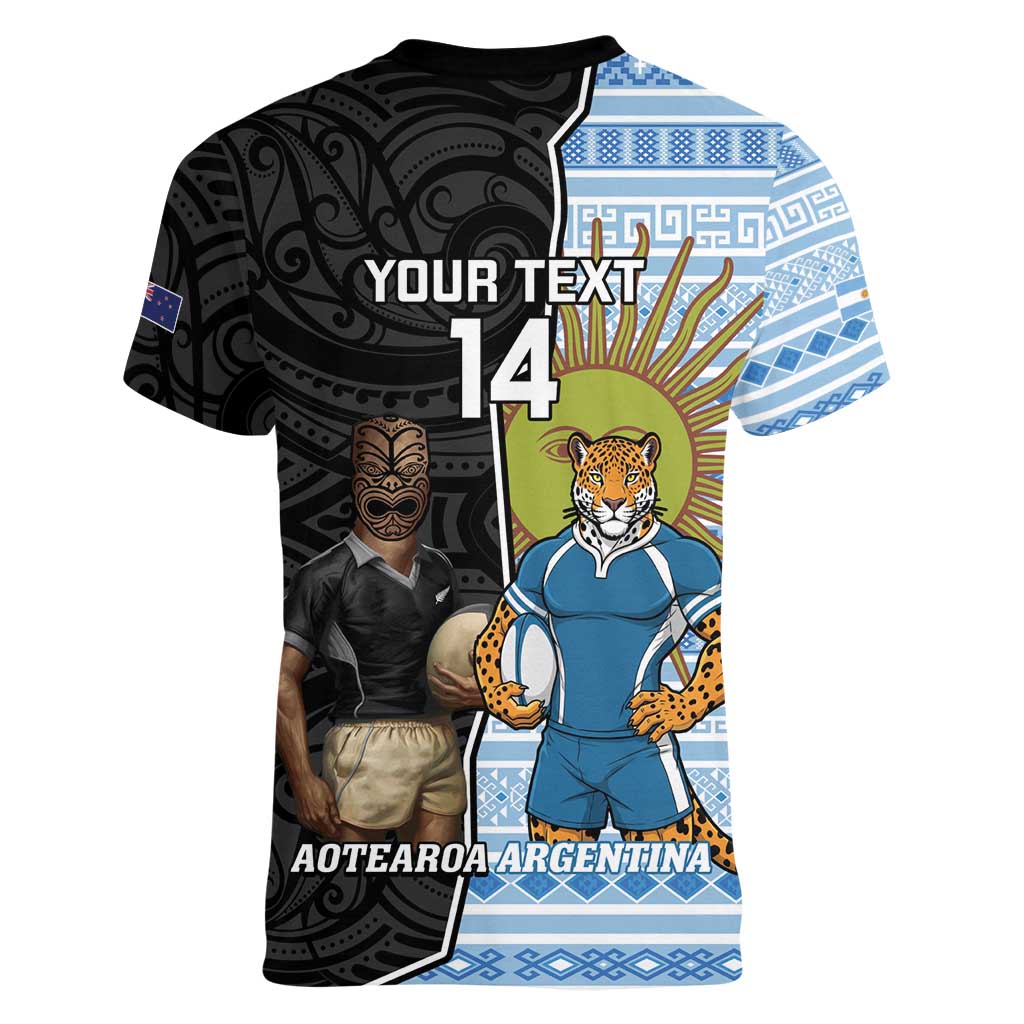 New Zealand Argentina Rugby Custom Women V-Neck T-Shirt 2025 Los Pumas All Black Together - Aussie Hoodie