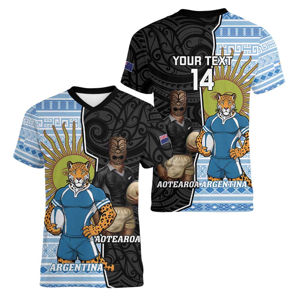 New Zealand Argentina Rugby Custom Women V-Neck T-Shirt 2025 Los Pumas All Black Together - Aussie Hoodie
