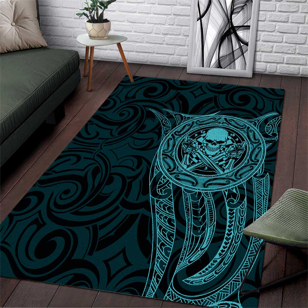 New Zealand Skull Darts Area Rug Aotearoa Maori Chest Tattoo Stylized Teal - Aussie Hoodie