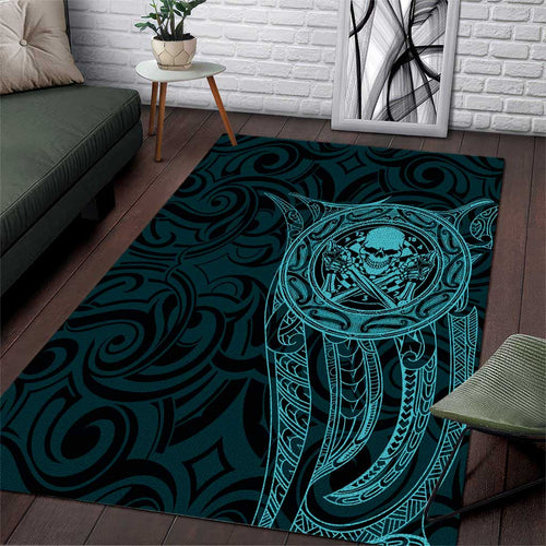 New Zealand Skull Darts Area Rug Aotearoa Maori Chest Tattoo Stylized Teal - Aussie Hoodie