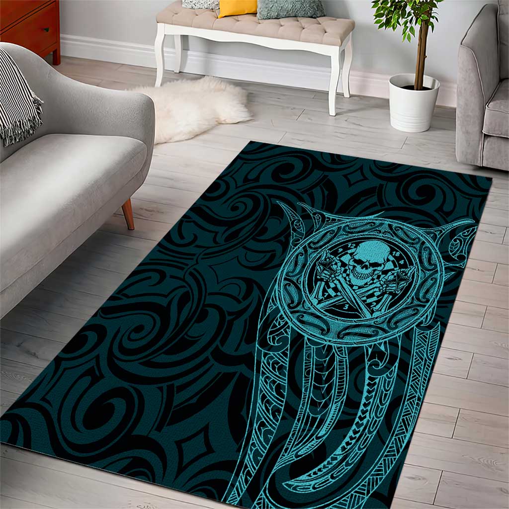 New Zealand Skull Darts Area Rug Aotearoa Maori Chest Tattoo Stylized Teal - Aussie Hoodie