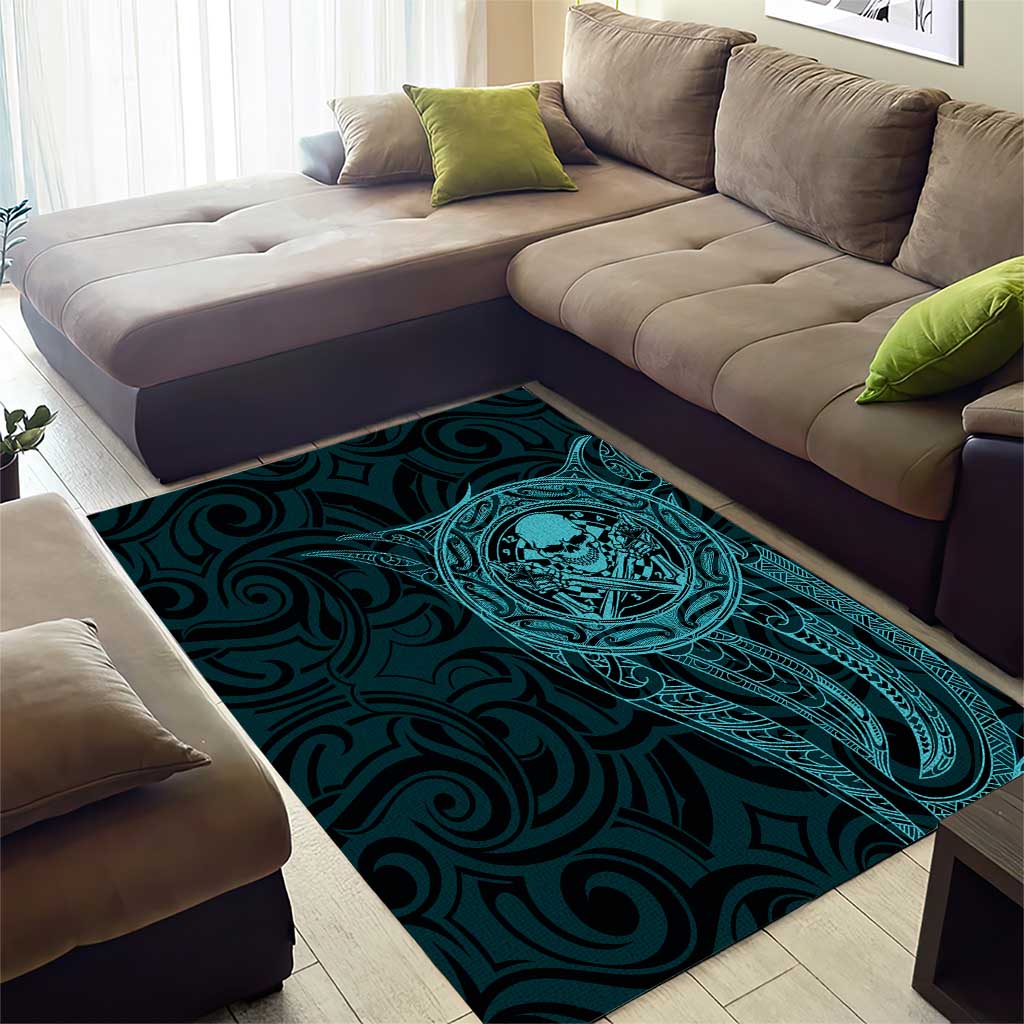 New Zealand Skull Darts Area Rug Aotearoa Maori Chest Tattoo Stylized Teal - Aussie Hoodie