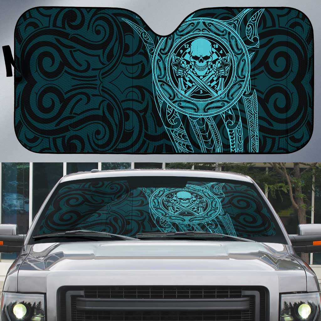 New Zealand Skull Darts Auto Sun Shade Aotearoa Maori Chest Tattoo Stylized Teal - Aussie Hoodie