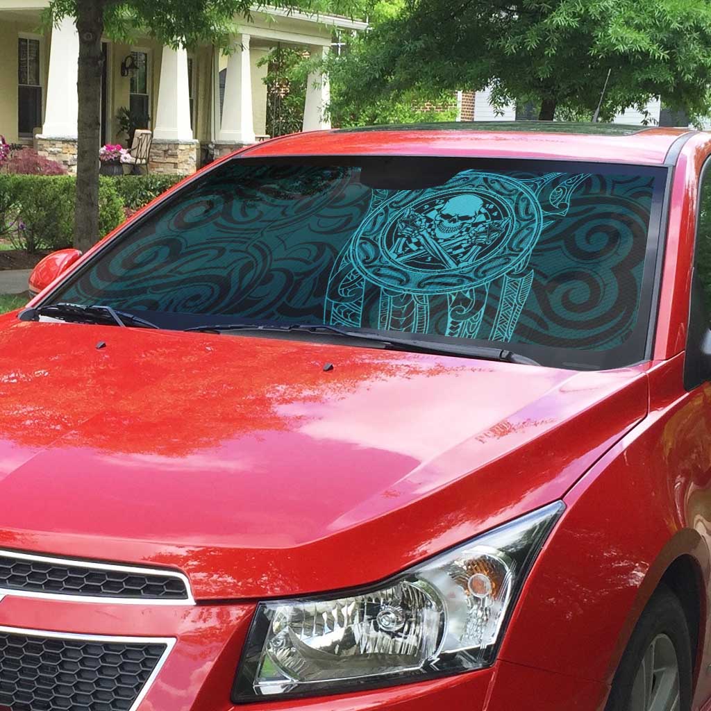 New Zealand Skull Darts Auto Sun Shade Aotearoa Maori Chest Tattoo Stylized Teal - Aussie Hoodie