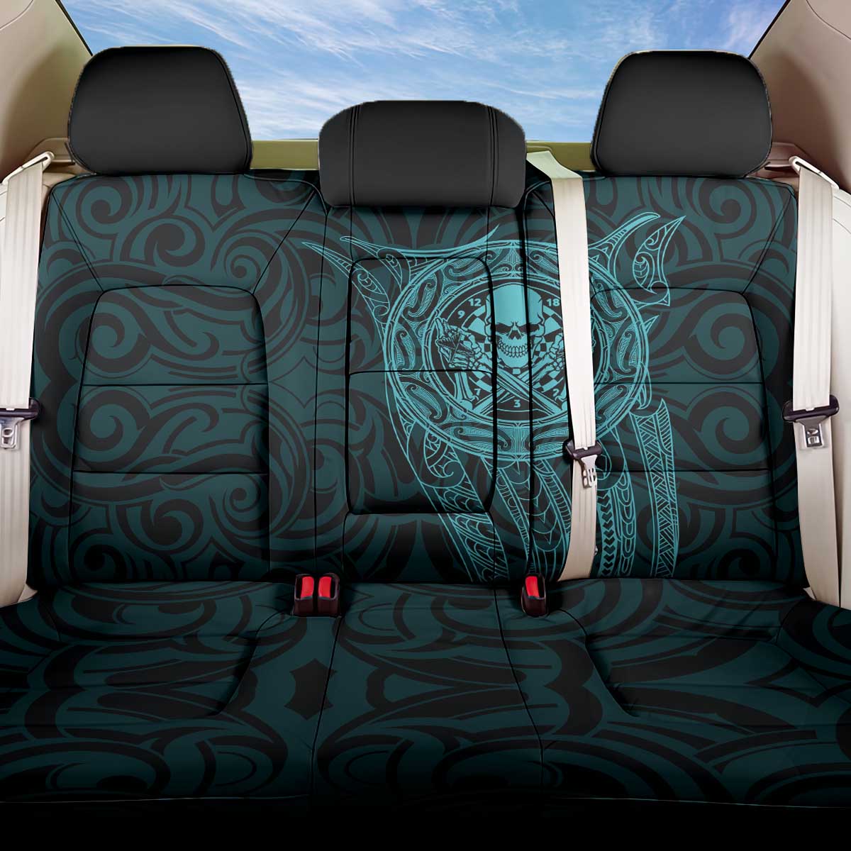 New Zealand Skull Darts Back Car Seat Cover Aotearoa Maori Chest Tattoo Stylized Teal - Aussie Hoodie