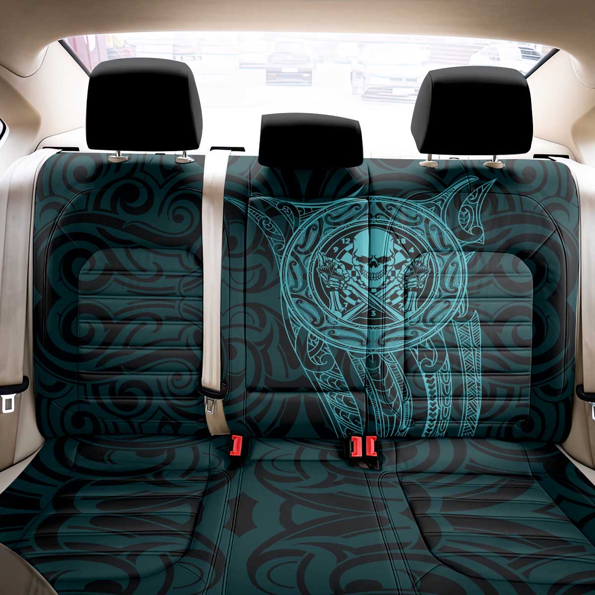 New Zealand Skull Darts Back Car Seat Cover Aotearoa Maori Chest Tattoo Stylized Teal - Aussie Hoodie