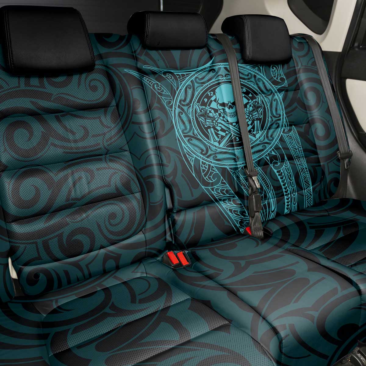 New Zealand Skull Darts Back Car Seat Cover Aotearoa Maori Chest Tattoo Stylized Teal - Aussie Hoodie