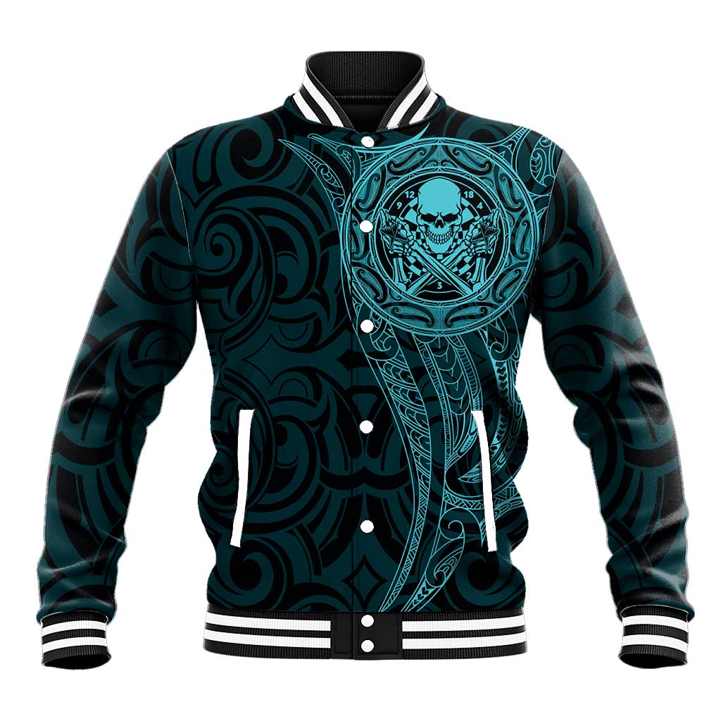 New Zealand Skull Darts Baseball Jacket Aotearoa Maori Chest Tattoo Stylized Teal - Aussie Hoodie