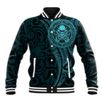 New Zealand Skull Darts Baseball Jacket Aotearoa Maori Chest Tattoo Stylized Teal - Aussie Hoodie