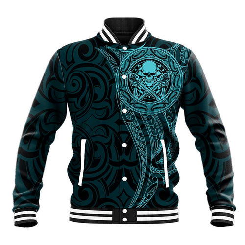 New Zealand Skull Darts Baseball Jacket Aotearoa Maori Chest Tattoo Stylized Teal - Aussie Hoodie