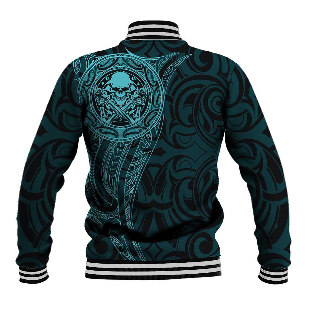 New Zealand Skull Darts Baseball Jacket Aotearoa Maori Chest Tattoo Stylized Teal - Aussie Hoodie