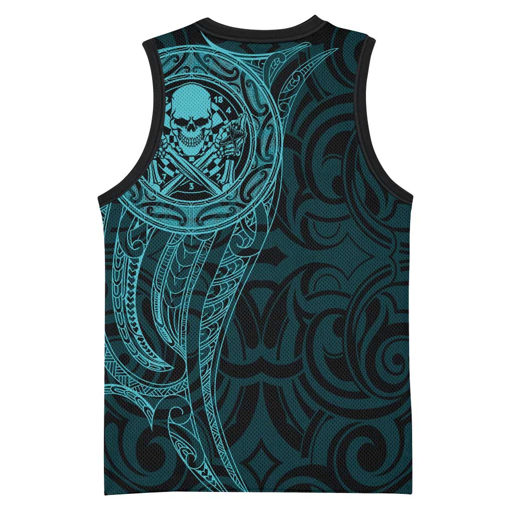 New Zealand Skull Darts Basketball Jersey Aotearoa Maori Chest Tattoo Stylized Teal - Aussie Hoodie