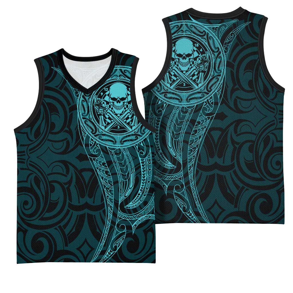 New Zealand Skull Darts Basketball Jersey Aotearoa Maori Chest Tattoo Stylized Teal - Aussie Hoodie