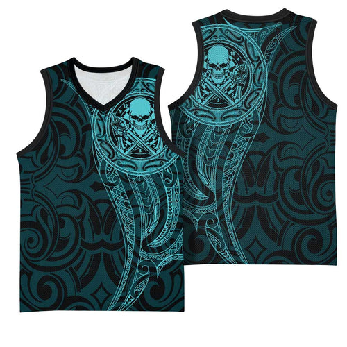 New Zealand Skull Darts Basketball Jersey Aotearoa Maori Chest Tattoo Stylized Teal - Aussie Hoodie